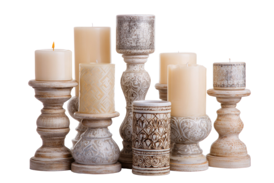 A group of decorative, varying-sized cream and patterned candles in ornate, distressed holders, creating a rustic and elegant display. background removed