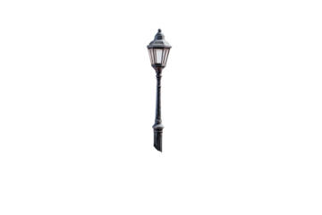 A classic black street lamp with a white glowing light, featuring an ornate design, stands isolated on a transparent background, ready for use. background removed