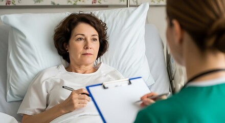 Fototapeta premium Female Patient Talking to Doctor in Hospital Bed During Medical Consultation