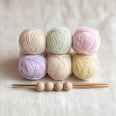 Pastel yarn balls on linen presents soft texture. Studio shot. Ideal for craft blog or product presentation.