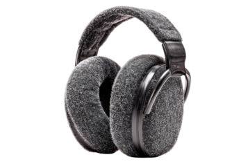 A close-up of fuzzy gray over-ear headphones, designed for comfortable listening, studio use, or noise cancellation. background removed