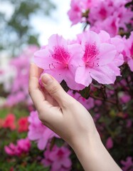 A hand gently touches pink azaleas