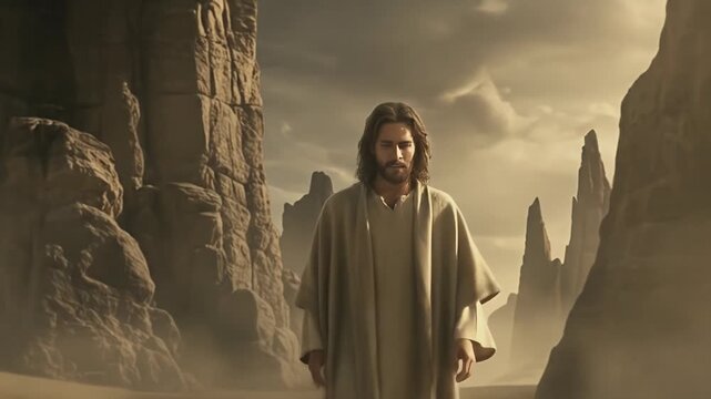 Jesus Christ stands in a desolate desert landscape with dramatic rock formations.