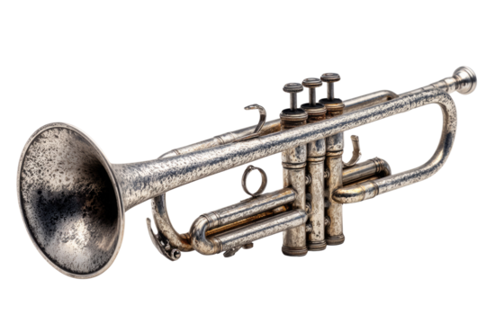 A close-up of a vintage, silver-plated trumpet with a tarnished, textured finish, showcasing its intricate valves and bell. background removed