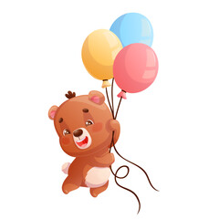 Funny happy cute bear is flying on balloons on a white background. Birthday concept, congratulations. Cartoon children's vector illustration for the design of postcard, card, clothe, textile, sticker