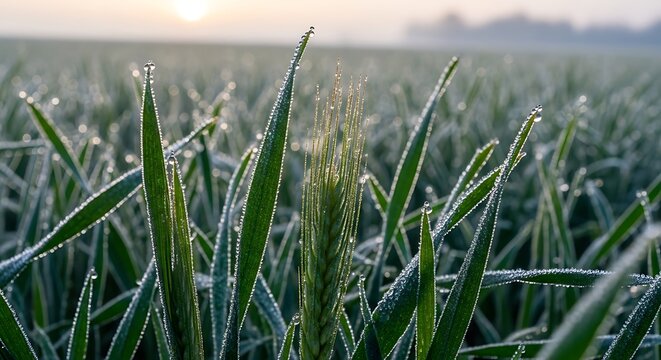 Frost Covered Green Wheat in a Field at Dawn. - Powered by Adobe