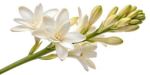 Tuberose flowers blooming on a stem, white and green.