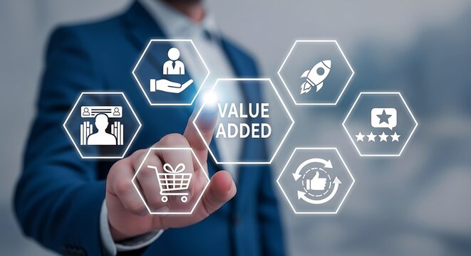 Value Added Services Concept with Businessman Touching Digital Interface Icons