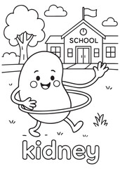 coloring book kidney playing hula hoop in front of school, anatomy cartoon for kids