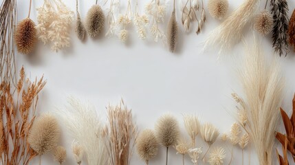 Ornamental dried leaves and stems arranged in an elegant frame reflect heritage and organic beauty on a bright, minimal surface.