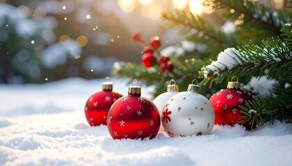 Four Christmas ornaments on snow&mdash;three red with white snowflakes, one white with red snowflake&mdash;gold caps and loops, snowy evergreen tree blurred in background, festive winter holiday scene.