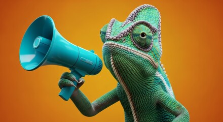 Fototapeta premium Chameleon Holding Cyan Megaphone High Contrast Orange