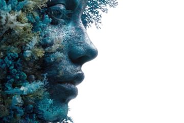 A striking profile of a face intricately merged with blue and green coral-like textures, symbolizing nature's deep connection. background removed