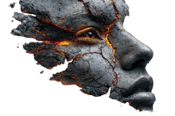 A powerful visual of a human face crumbling into cracked rock, revealing fiery molten lava beneath, symbolizing intense internal energy or transformation. background removed