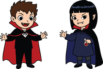 Cartoon vampire children costumes, kids in cape, Halloween theme, spooky fun, fantasy play, colorful illustration, childhood characters, comic style, party