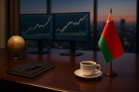 Night office with Belarus flag, stock charts and coffee