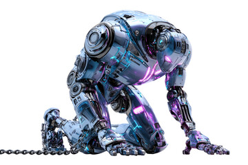 Fototapeta premium A metallic robot, glowing blue and purple, kneels with a chain. It represents advanced futuristic AI, technology, and control. background removed