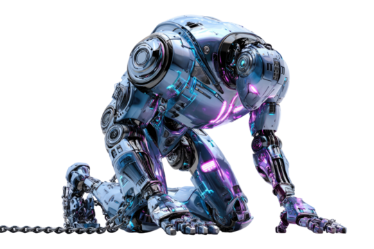 A metallic robot, glowing blue and purple, kneels with a chain. It represents advanced futuristic AI, technology, and control. background removed