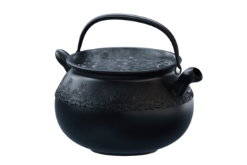 A black cast iron kettle or cauldron with ornate Celtic-inspired patterns, boiling water visible inside, emitting steam. Isolated on a transparent background. background removed