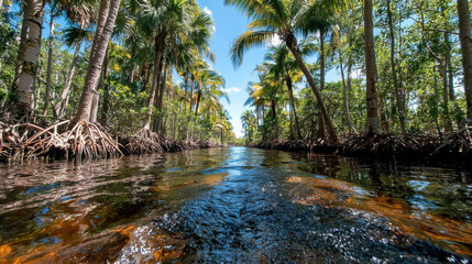 Serene Waters: A captivating view of calm water flowing between lush trees, basking in sunlight, evoking a sense of calm and tranquility. 