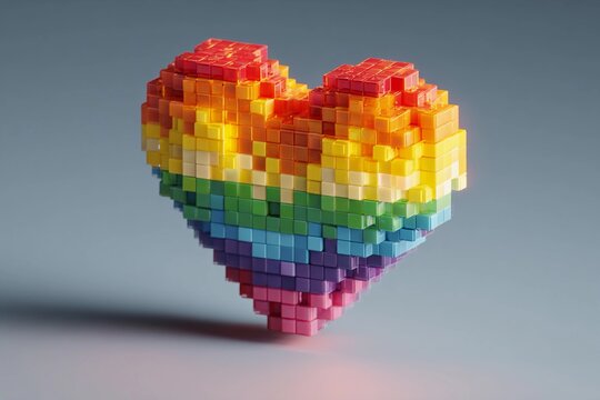 Colorful Heart Shaped Sculpture in Retro Video Game Style Made From Pixelated Blocks Generative AI