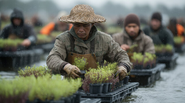 Nursery Workers At Work: A group of dedicated nursery workers, skillfully tending to young plants in their care, embodies commitment and nurture of the natural world.