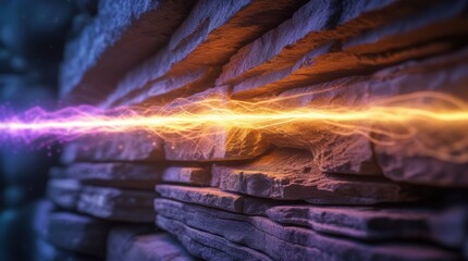 Energy Beam Through Wall: A powerful energy beam streaks through a rugged stone wall, illuminating the rough texture with vibrant light, symbolizing potential and breakthrough.
