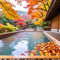 Autumn foliage on a tranquil onsen