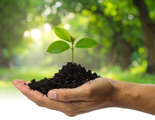A hand holding soil with a small plant