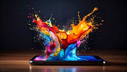 écran de téléphone avec explosion de peinture et de couleur sur fond noir en ia