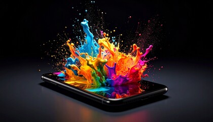 écran de téléphone avec explosion de peinture et de couleur sur fond noir en ia