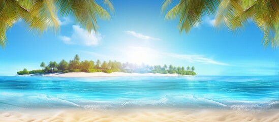 Sunny Tropical Beach With Palm Leaves And Paradise Island