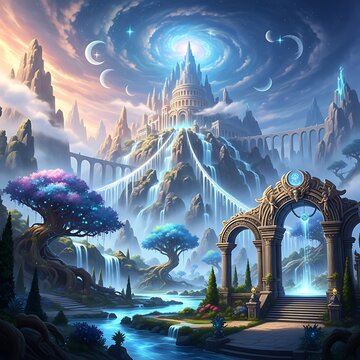 Enchanting fantasy castle landscape with waterfalls and glowing trees.