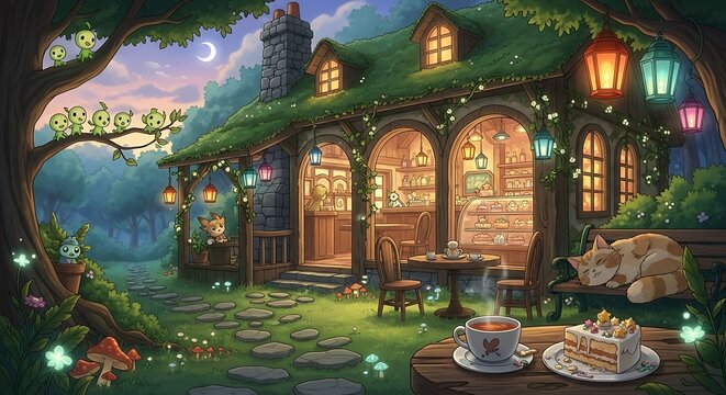 Enchanting Fairy Tale Cottage at Twilight with Cozy Outdoor Seating.