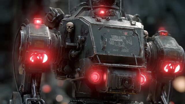 Heavy armored battle mech robot with glowing red lights skull decorations and weathered metal exterior in dark post apocalyptic war zone environment

