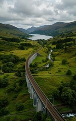 Fototapeta premium Stunning train journey through lush green hills and serene lake scotland aerial view nature photography
