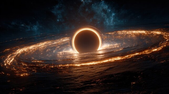 A luminous accretion disk surrounds a black hole in deep space with nebulae in the background