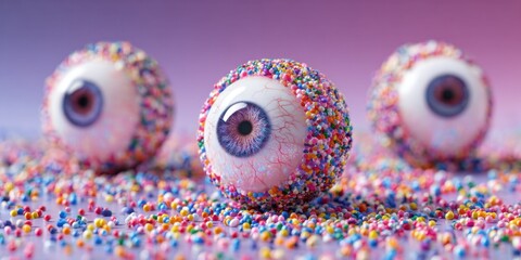 Three artistic eyeballs covered in colorful candy sprinkles rest on a bed of sprinkles