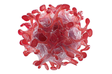 A detailed 3D render of a microscopic red viral or bacterial pathogen with spiky protrusions, isolated on a transparent background. background removed