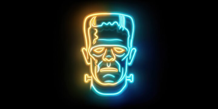 Neon outline portrait of Frankenstein's monster face blue and orange glow against black