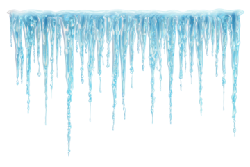 A border of sparkling blue icicles hangs down, depicting a frosty winter element with sharp, cold, and decorative appeal. background removed
