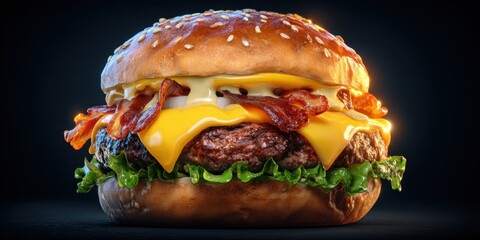 Gourmet bacon cheeseburger with lettuce onions melted cheese and sesame seed bun on dark background