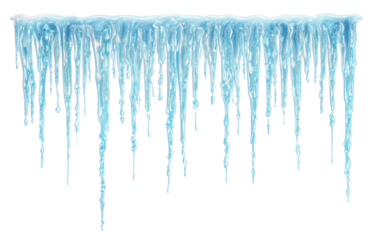 A border of sparkling blue icicles hangs down, depicting a frosty winter element with sharp, cold, and decorative appeal. background removed