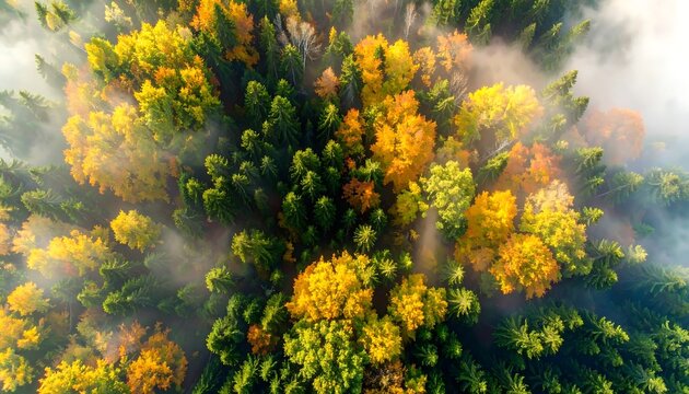Autumn forest canopy from above
