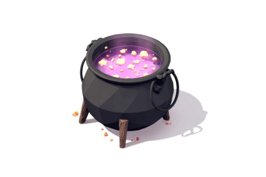 Isometric illustration of a black cauldron boiling a vibrant purple potion with yellow chunks, resting on a wooden tripod. Magical fantasy asset. background removed