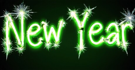 Bright green text spells New Year with sparkling effects. Dark background enhances luminous lettering, festive celebration imagery.