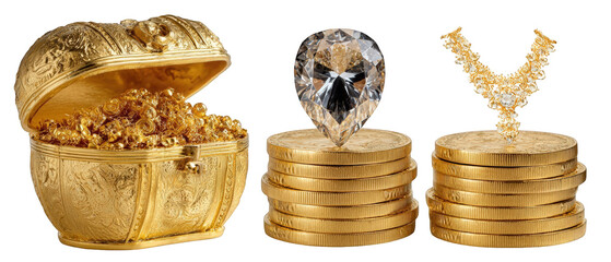 A treasure chest overflowing with gold coins, a sparkling diamond, and a unique crystal sculpture, symbolizing wealth and luxury