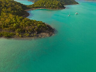 Obraz premium Aerial Drone View of Tropical Queensland Beach, Ocean Waves, Island Coastline and Shoreline - Scenic Coastal Landscape, Clear Blue Water, Australia Nature, Travel, Tourism, QLD