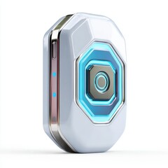 Sleek white and chrome device with blue illuminated accent and concentric circular detail