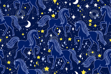 Seamless vector pattern featuring cosmic horses in blue and silver tones against a starry night sky. Sparkling stars, glowing lights, and surreal fireworks create a festive atmosphere, 